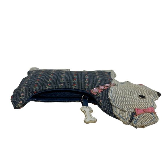 Scottie Dog-Shaped Patchwork Fabric Coin Purse Rhinestone Collar Zipper Closure - Picture 3 of 7